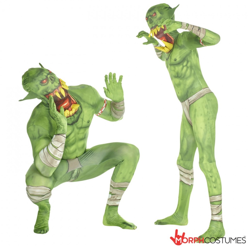 READ DESCRIPTION! Adult Med Green Morphsuit Jaw Dropper Orc MISSING 3D TEETH!